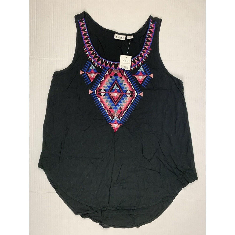 NEW Cato Women's Blouse Black Sleeveless Top Sz M Pullover Aztec Embroidery NWT